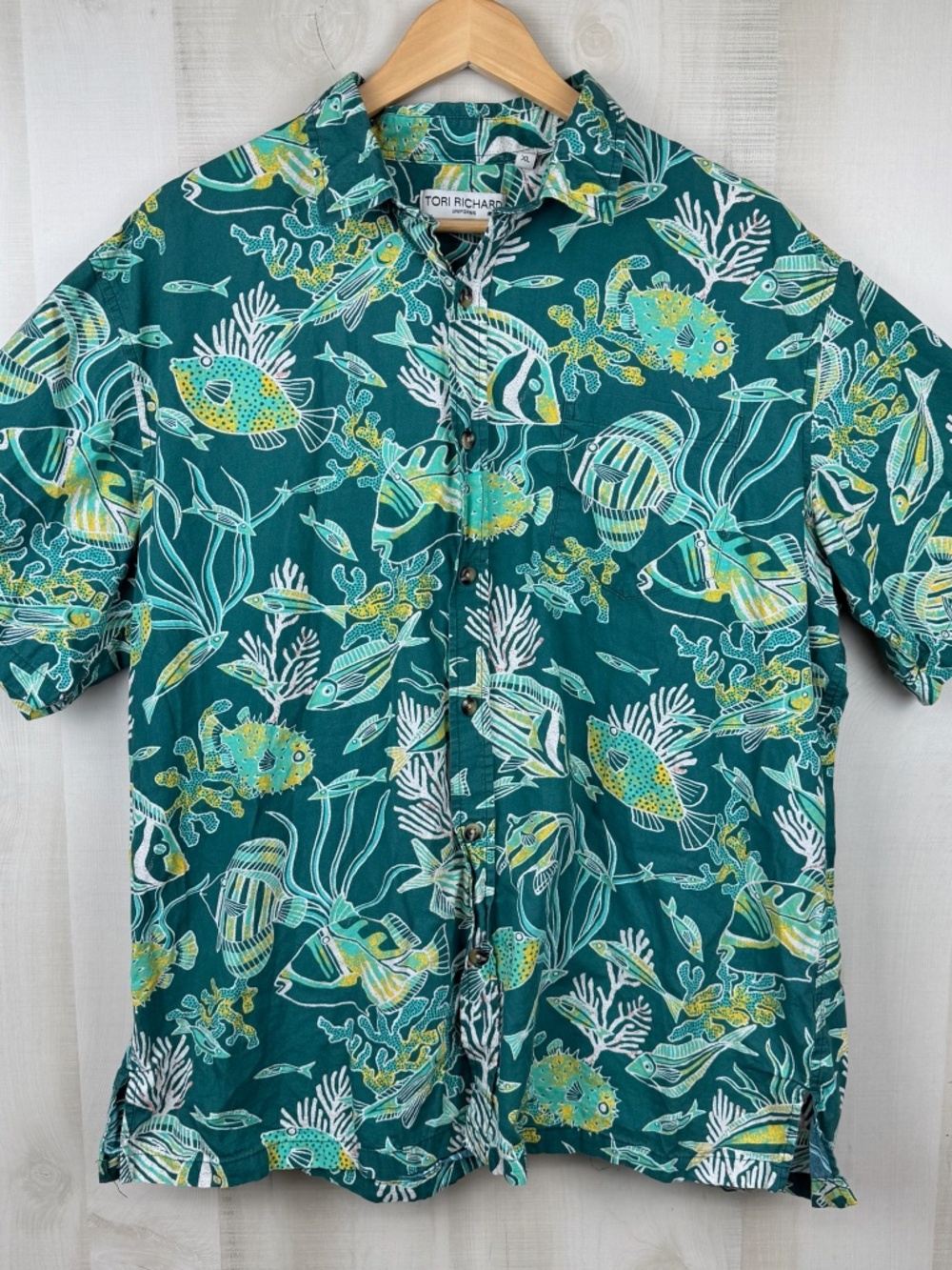 Tori Richard Uniform Men’s Hawaiian Shirt Green Tropical Fish Coral Reef XL